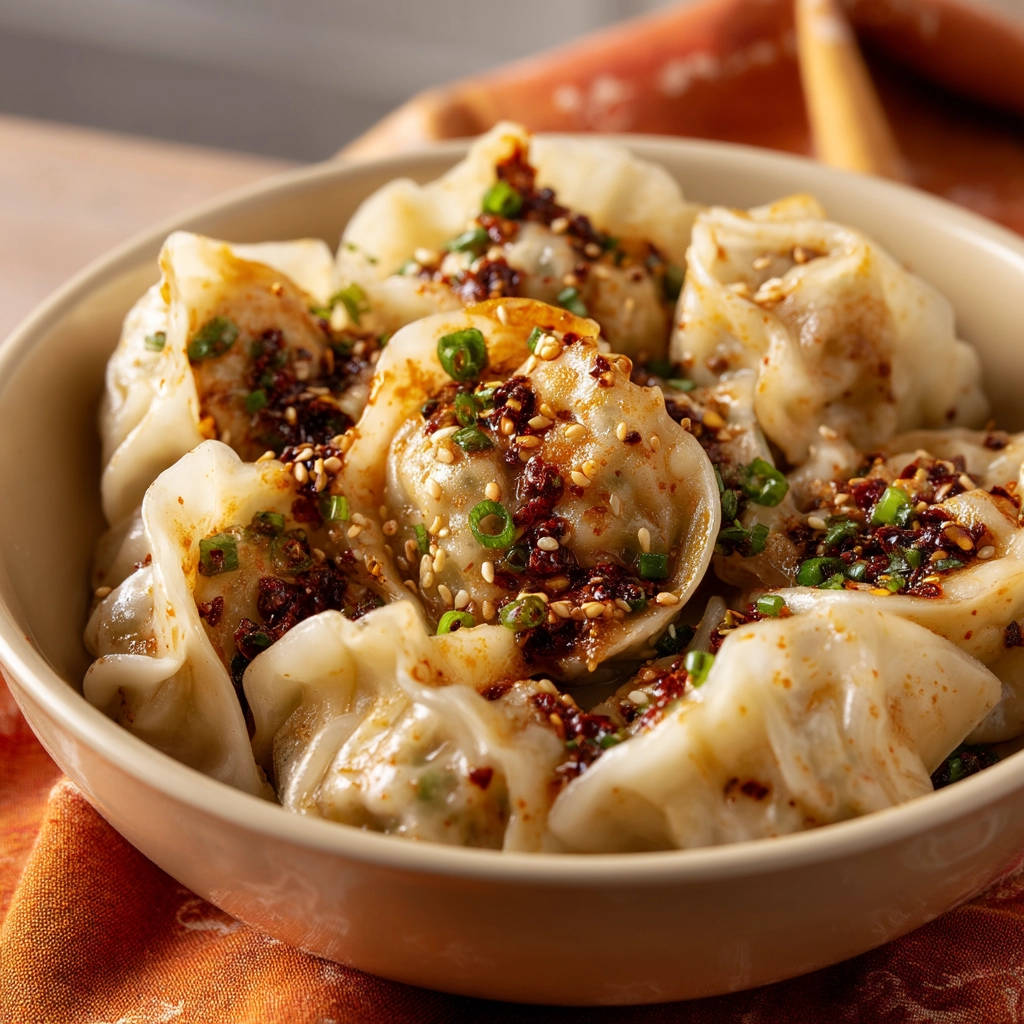 Spicy chili oil dumplings served in a bowl, close-up view showing the glistening chili oil and sesame seed topping.
