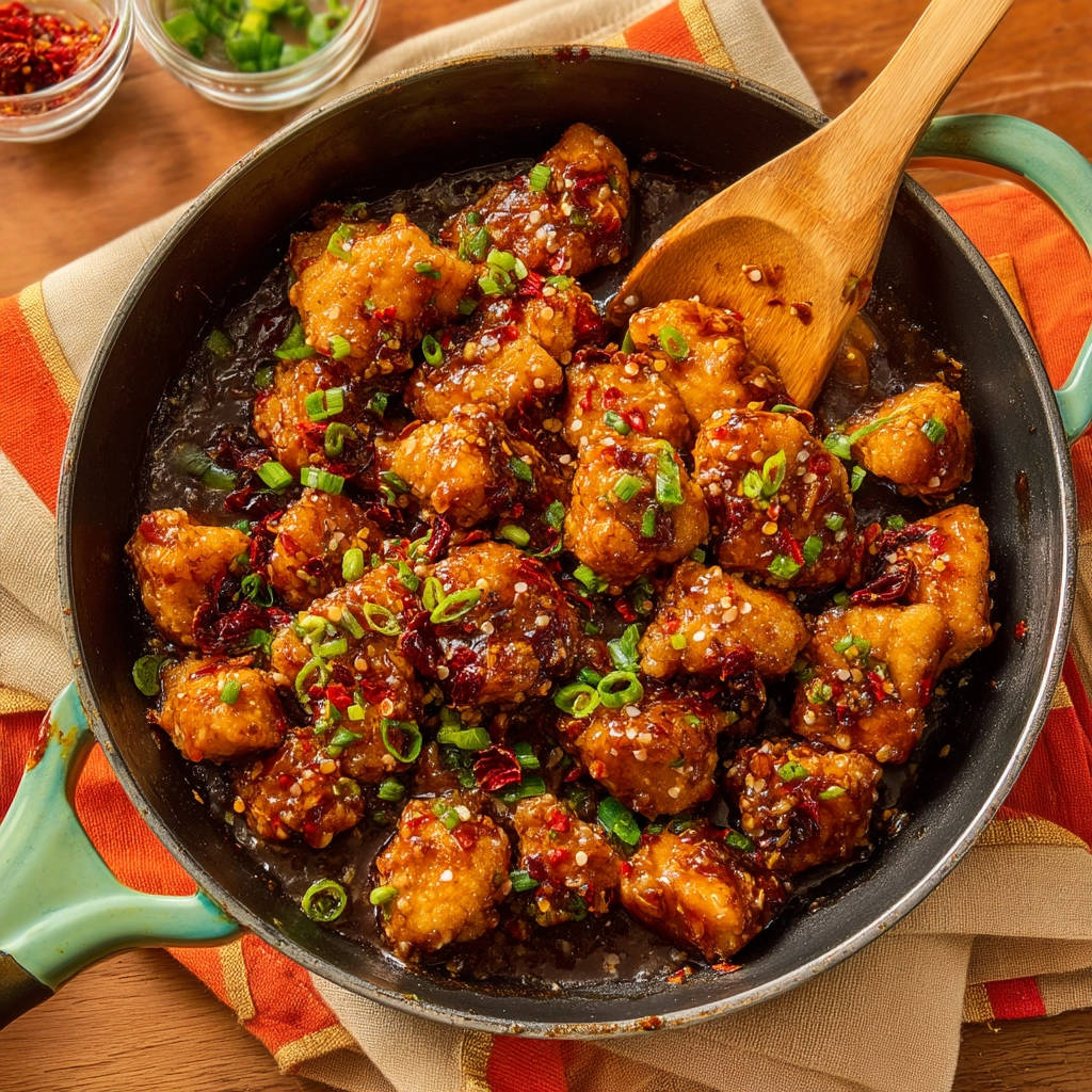 Spicy sesame chicken bites in a skillet with a wooden spoon, garnished with green onions and chili flakes.