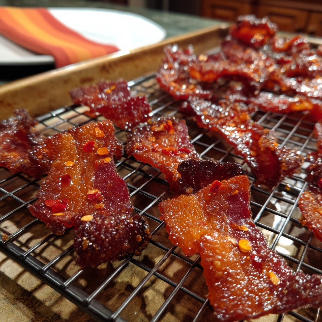 Spicy sweet candied bacon cooling on a wire rack, sprinkled with red pepper flakes.