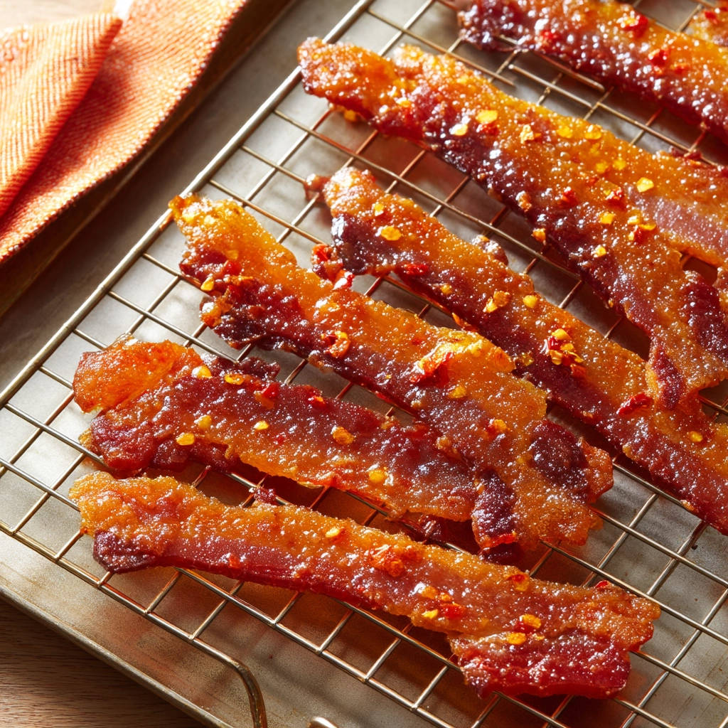 Spicy sweet candied bacon cooling on a wire rack, sprinkled with red pepper flakes.