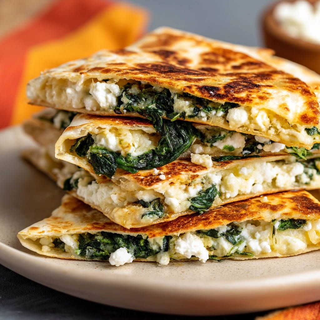 Crispy spinach & feta quesadillas shown in a close-up cross-section revealing the cheesy and green filling.