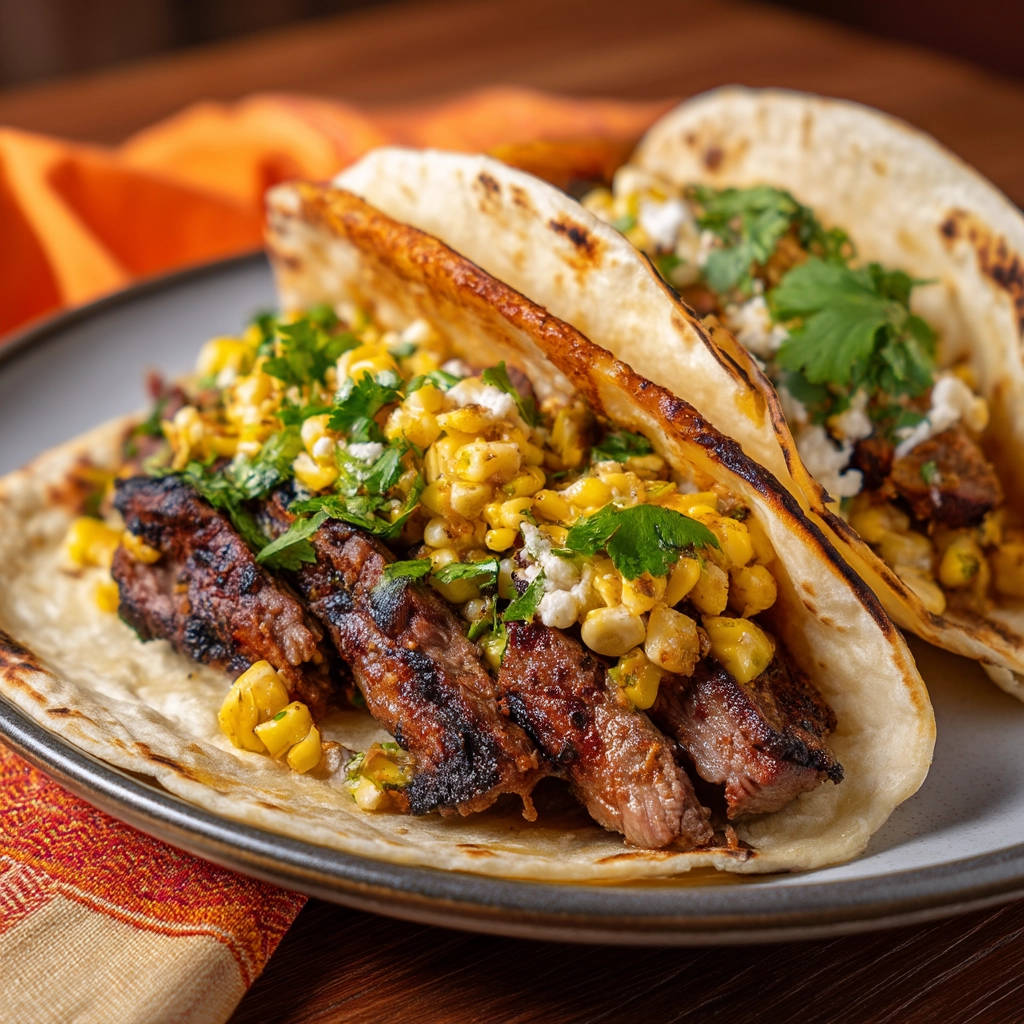 Juicy steak tacos with corn and cilantro topping served on a warm tortilla, close-up view.