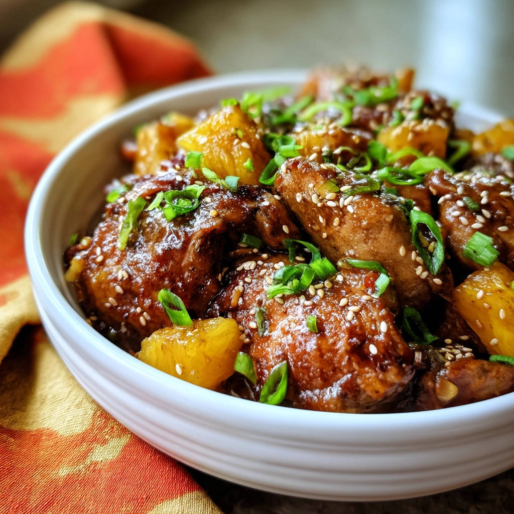 Sticky pineapple chicken garnished with sesame seeds and chopped green onions, shown in a close-up bowl view.