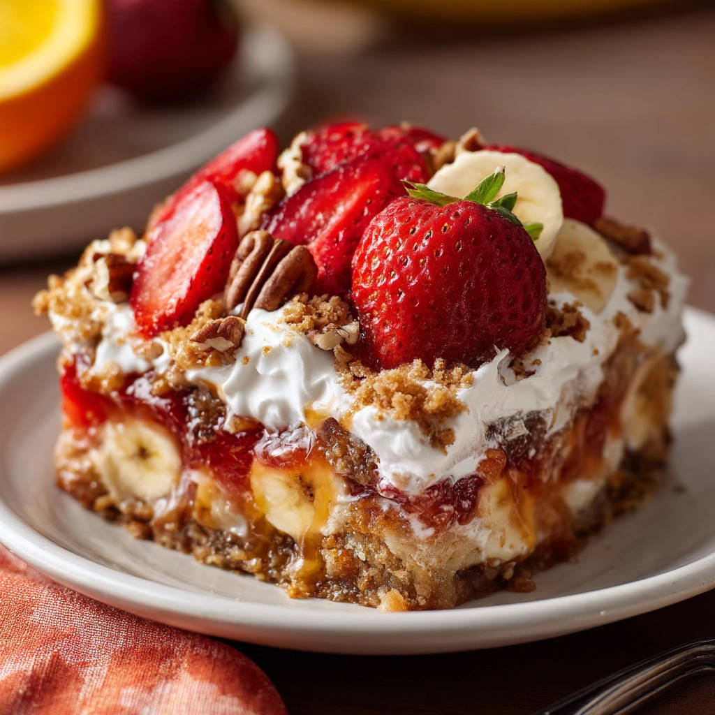 Strawberry banana dessert lasagna plated slice showing layers of fruit, cream, and cake with fresh strawberries and pecans.
