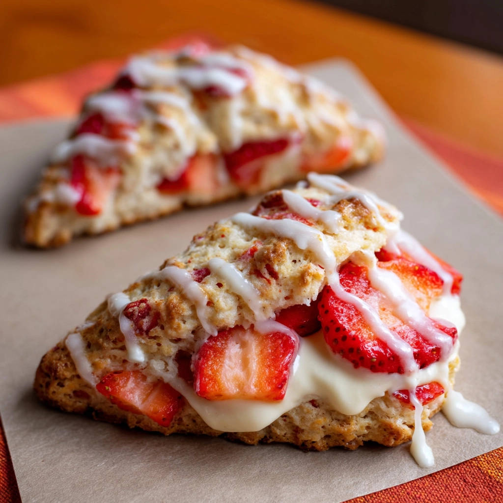 Strawberry cream scones cross-section with fresh strawberries and white glaze drizzled on top.