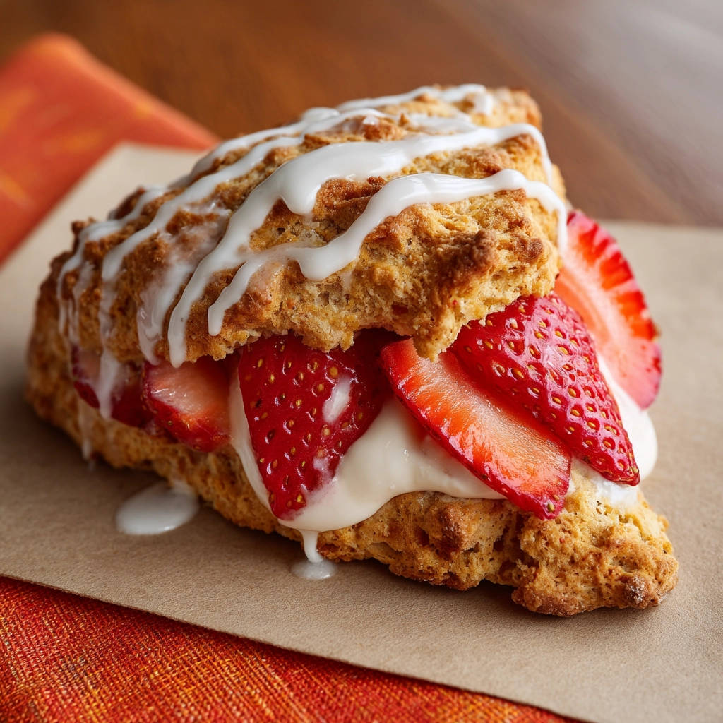 Strawberry cream scones sliced in a cross-section, revealing fresh strawberries and cream filling.