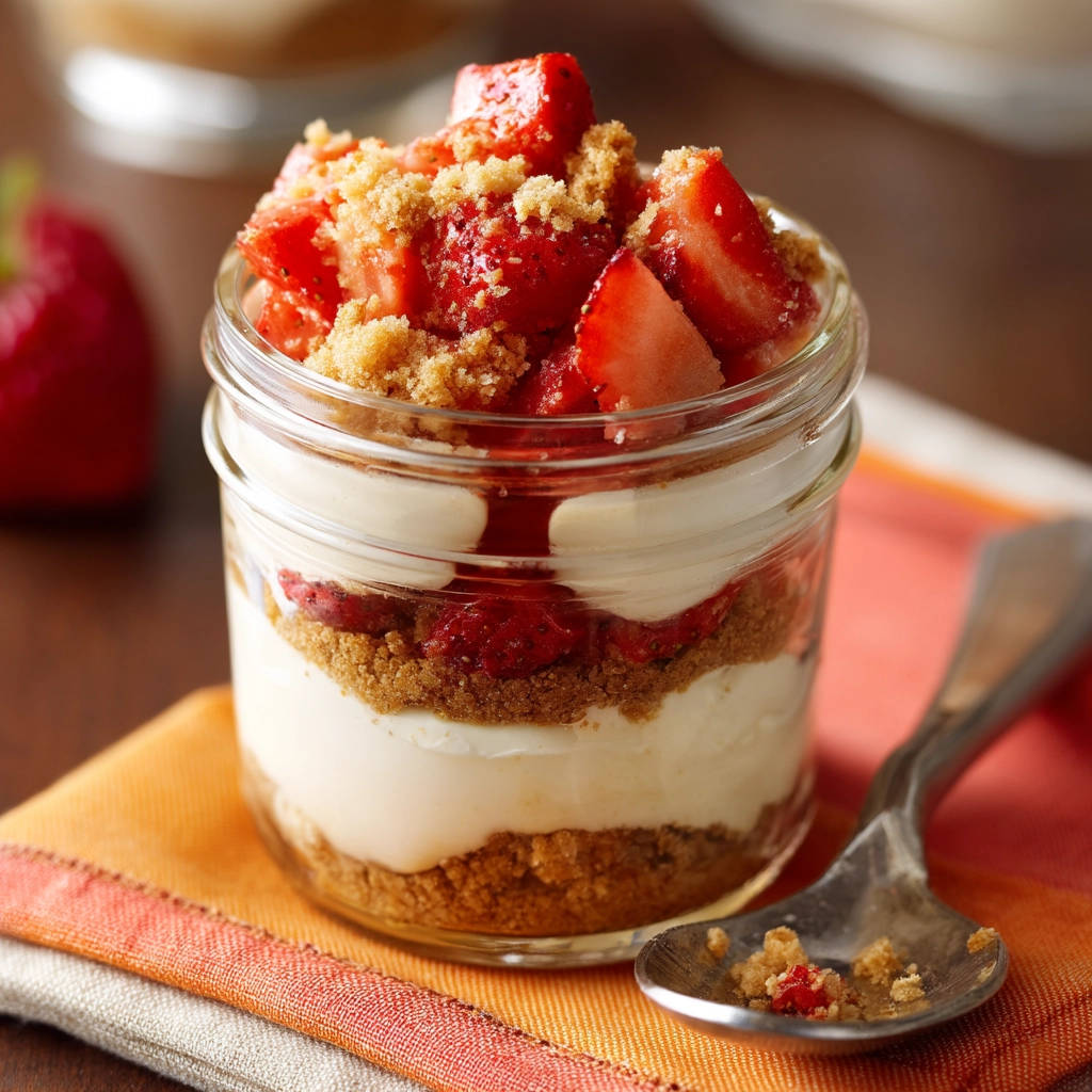 Strawberry crumble parfait in a jar, showing layers of cream, strawberries, and crumble topping, with a spoon in the foreground.
