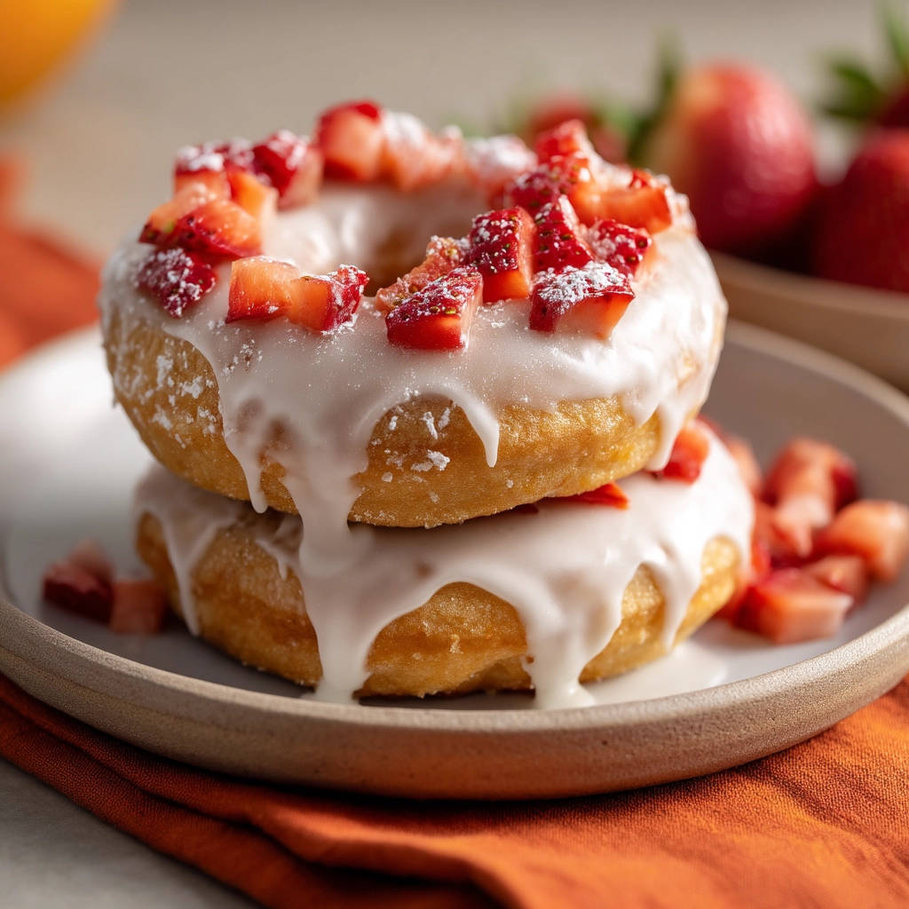 Strawberry glazed doughnuts stacked with fresh strawberries and powdered sugar on a plate.