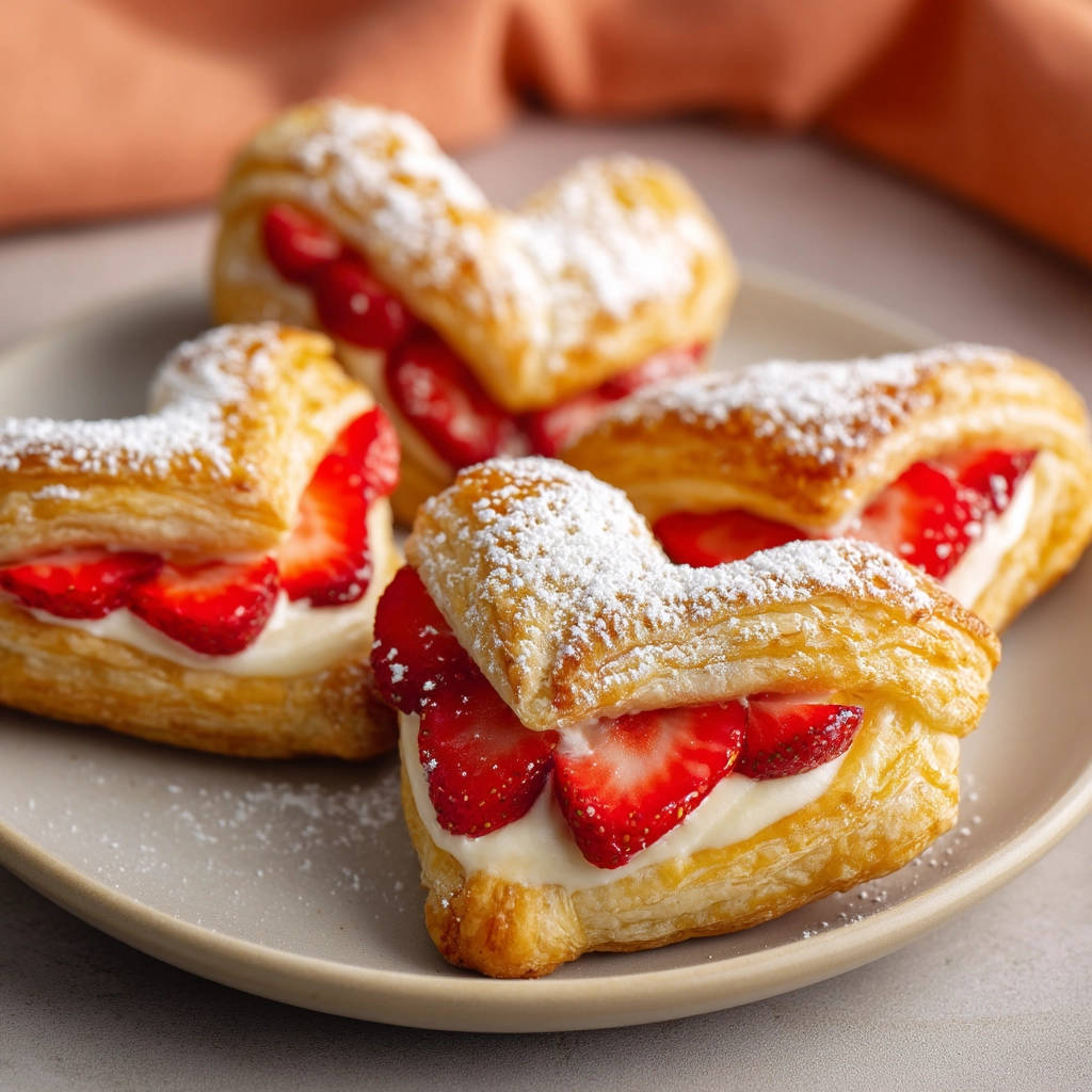 Strawberry heart pastries plated close-up showing flaky puff pastry filled with cream and fresh strawberries.