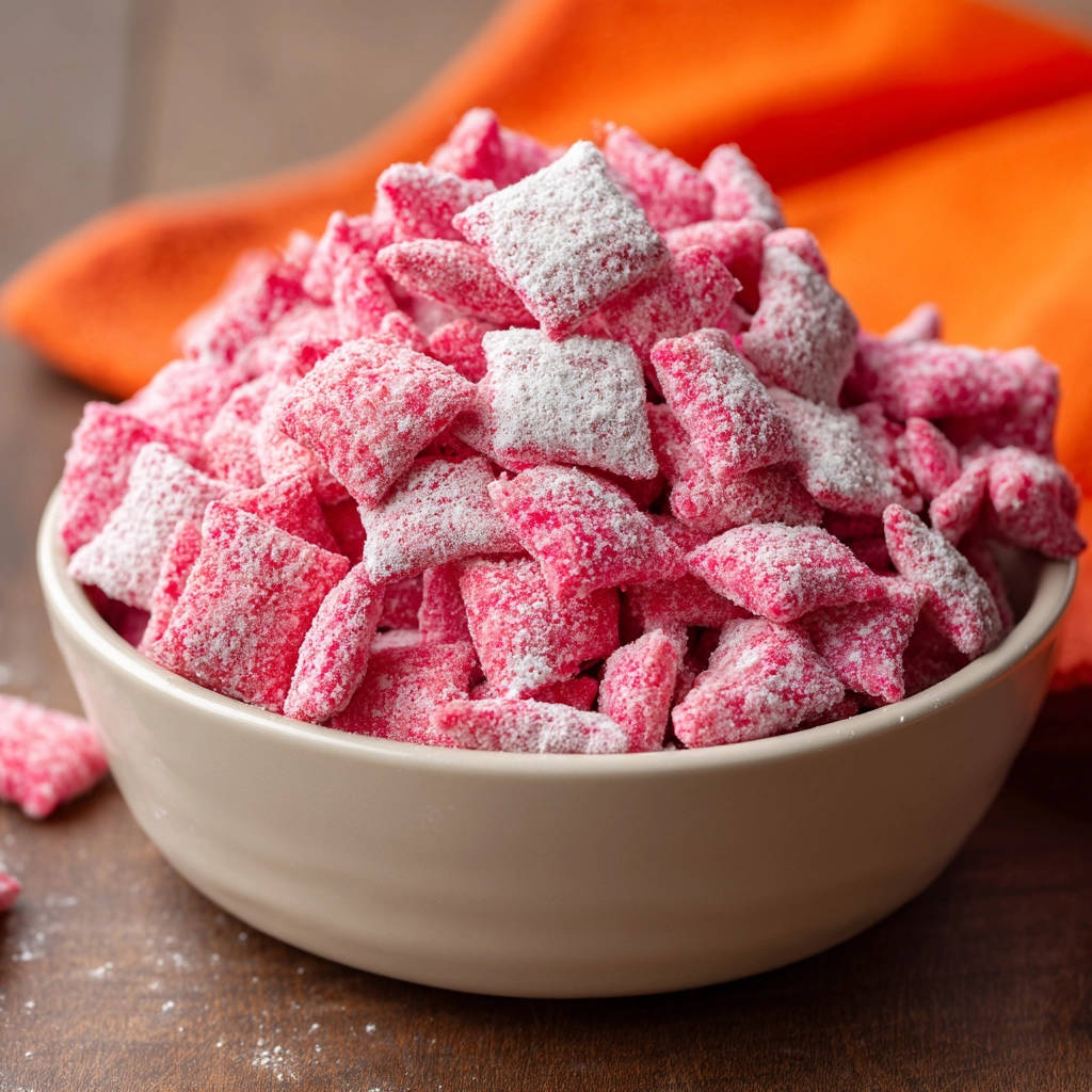 Strawberry muddy buddies piled high in a light-colored bowl, dusted with powdered sugar, with an orange cloth in the background.