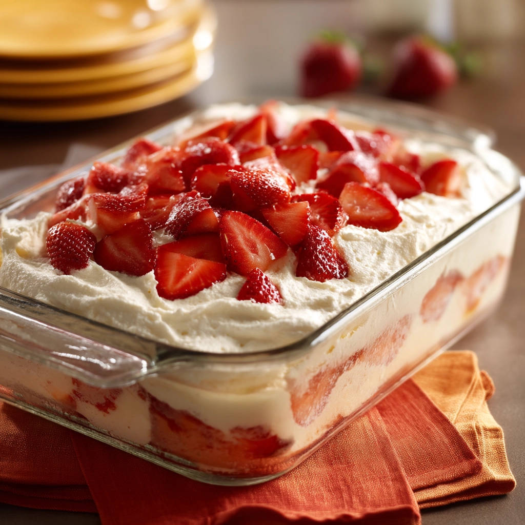 Strawberry trifle in a glass dish, topped with whipped cream and fresh strawberries, viewed from above.