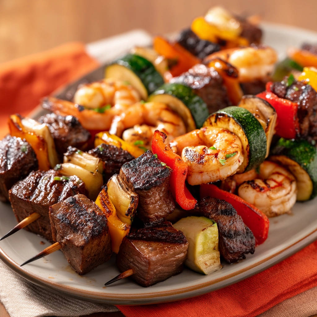 Grilled surf & turf skewers with steak, shrimp, and vegetables displayed on a plate.