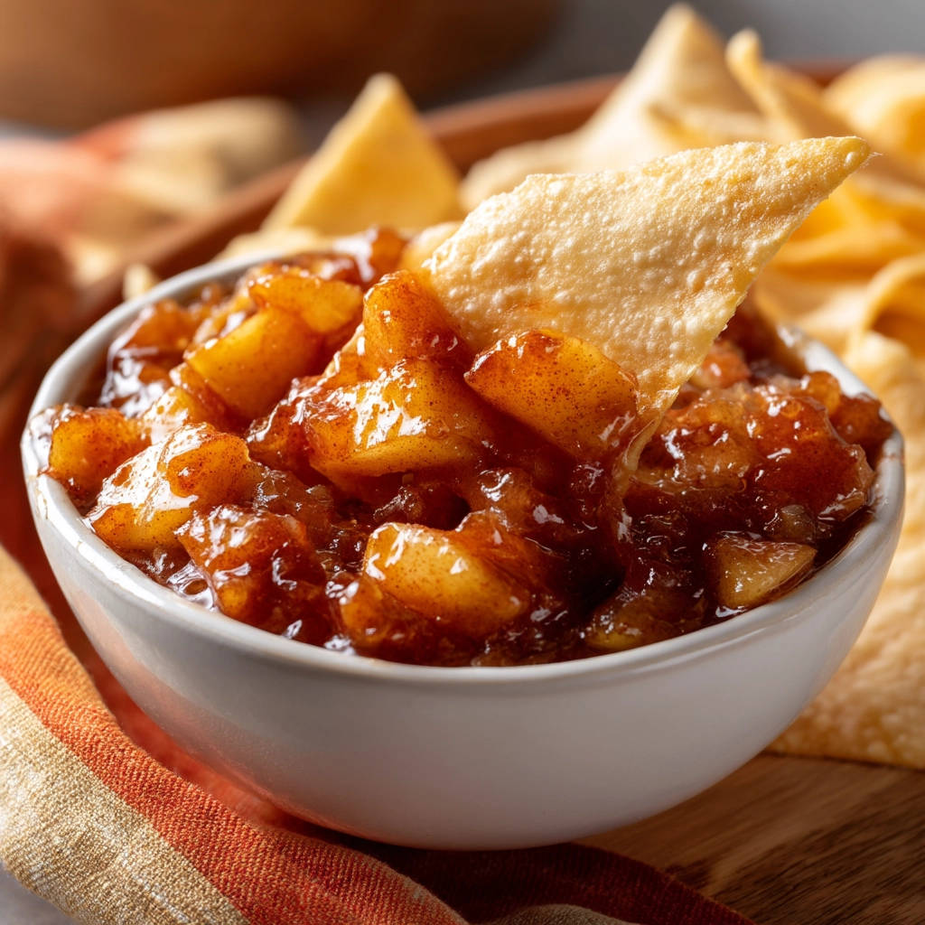 Sweet apple salsa, a chunky dip, with a tortilla chip scooping a portion, shown in a close-up view.