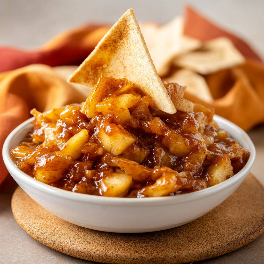 Sweet apple salsa served chunky in a white bowl, topped with a cinnamon-dusted tortilla chip.