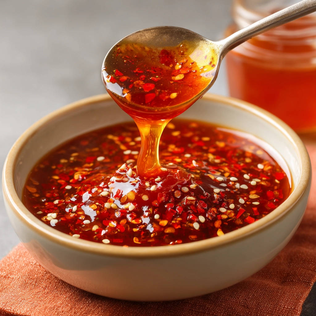 Sweet chili sauce being poured from a spoon into a bowl, showcasing its glossy texture and chili flakes.