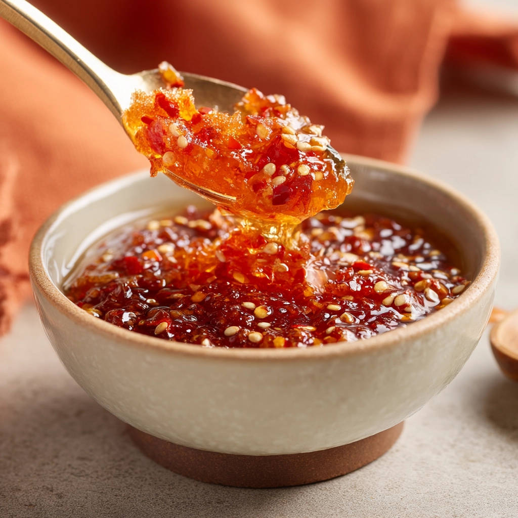 Sweet Chili Sesame Crunch being scooped from a bowl onto a spoon, showcasing its glistening texture and sesame seeds.