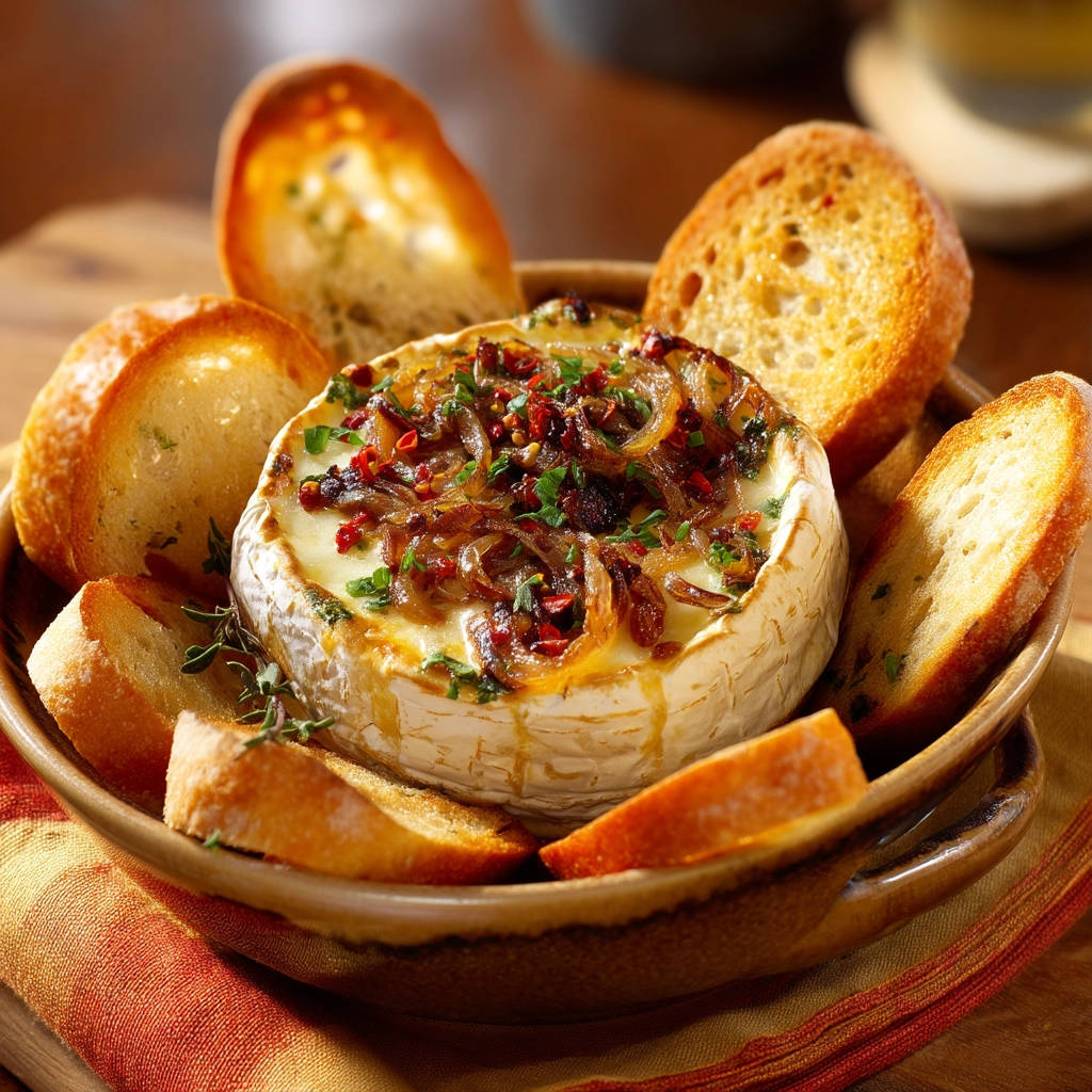Sweet & Savory Baked Brie served with toasted bread slices in a rustic bowl.