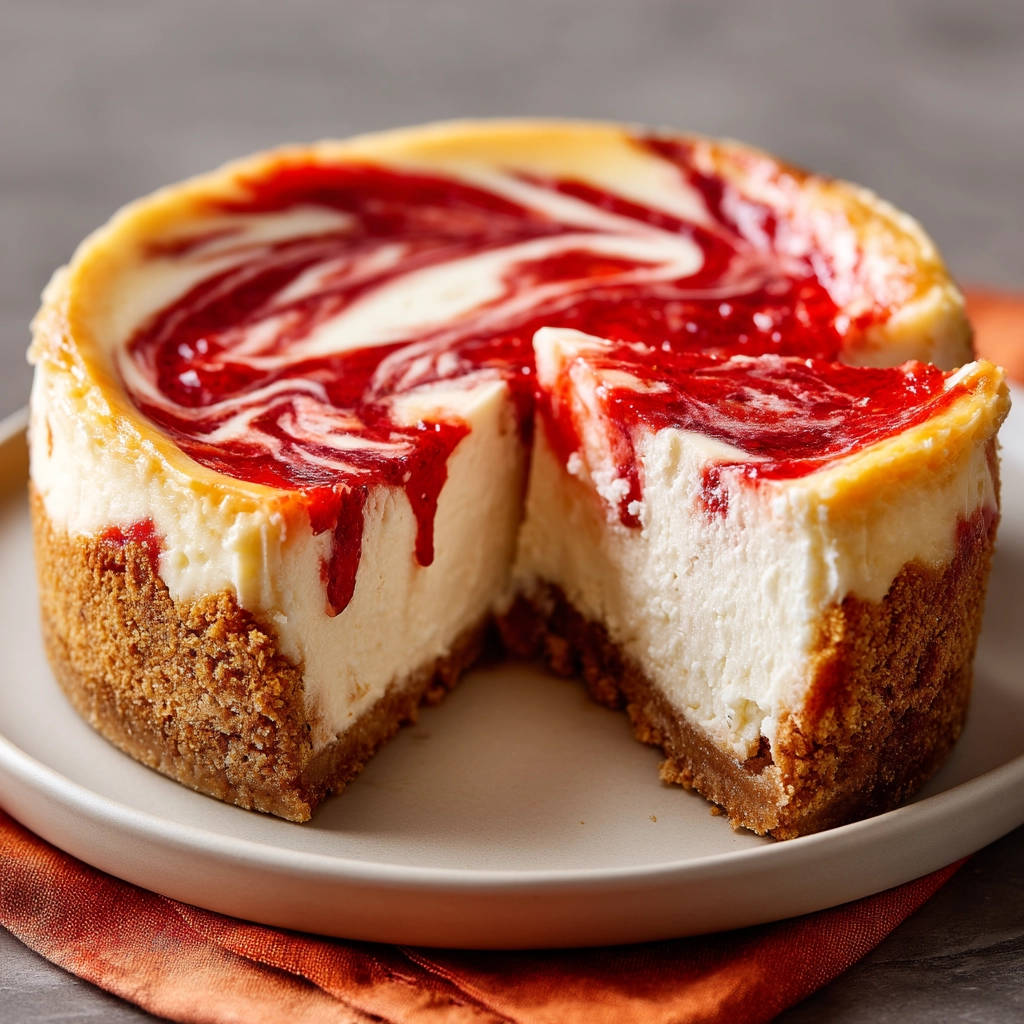 Swirled cheesecake with a slice removed, showing the creamy interior and vibrant berry swirls on a graham cracker crust.