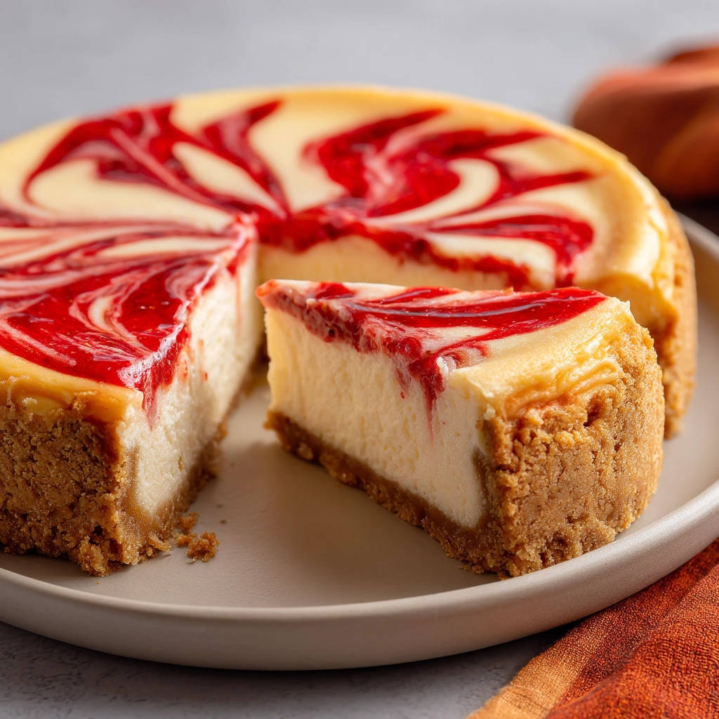 Swirled cheesecake showing a close-up of a single slice with raspberry swirl and graham cracker crust.