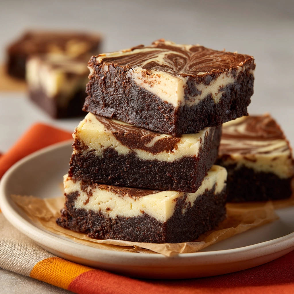 Swirled cream cheese brownies stacked in a close-up view on a plate, showcasing their marbled texture.