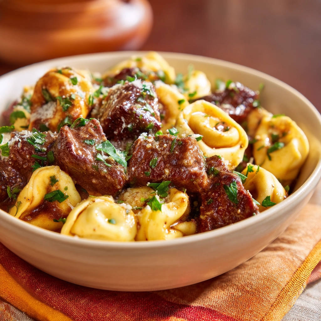 Tender Beef Tips & Tortelloni in a close-up bowl shot, garnished with parsley and cheese.