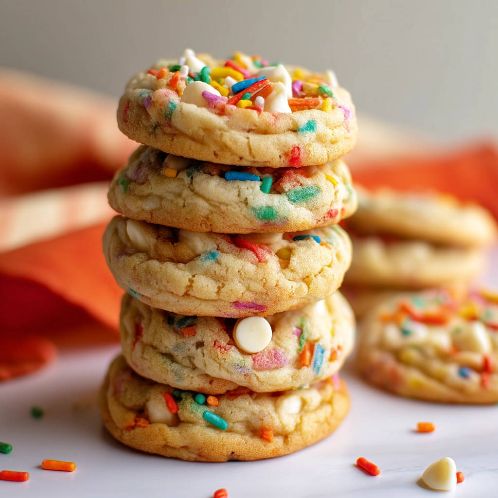 Thick funfetti cookies stacked in a close-up view, showcasing colorful sprinkles and white chocolate chips.