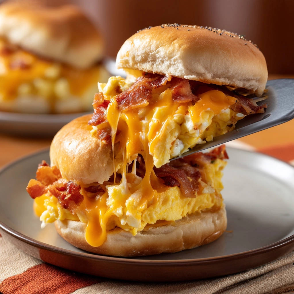 Ultimate breakfast sandwich with scrambled eggs, bacon, and melted cheese shown in a close-up cross-section.