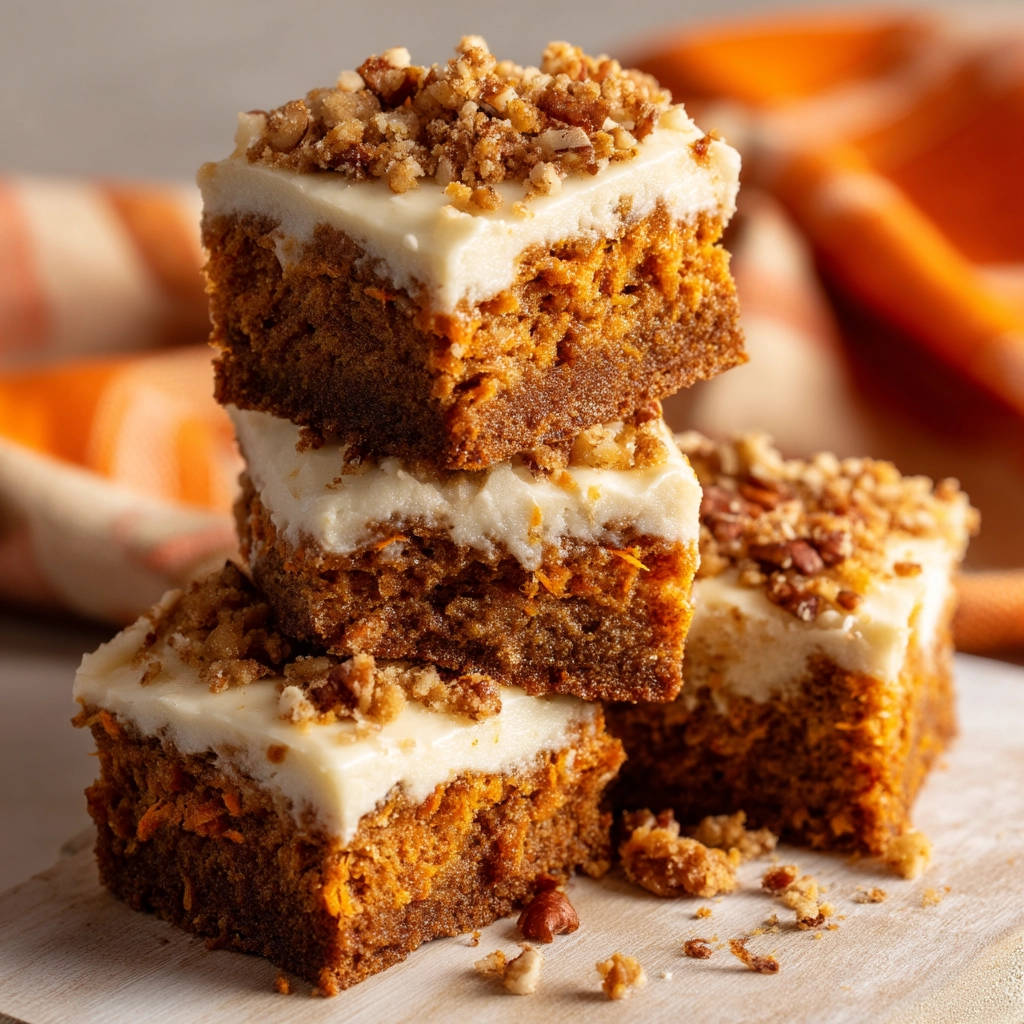 Ultimate carrot cake squares stacked high, showcasing their creamy frosting and crunchy nut topping in a close-up view.