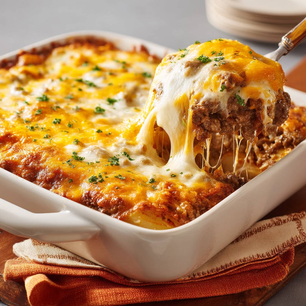 Ultimate Cheesy Ground Beef Potato Bake being served with a generous cheese pull, garnished with parsley.