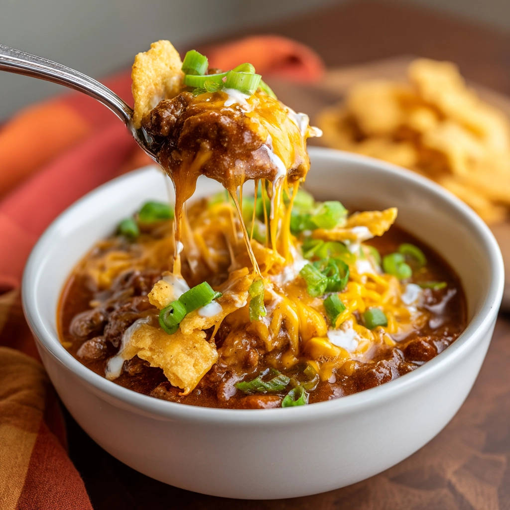 Ultimate chili being scooped with a spoon, showing melted cheese and toppings in a close-up view.