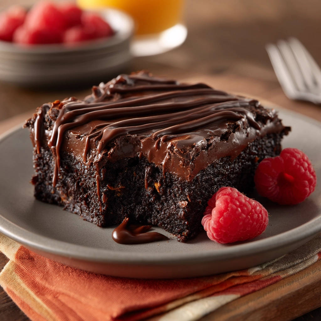 Ultimate Chocolate Cake, a single rich slice generously drizzled with chocolate ganache and garnished with fresh raspberries.