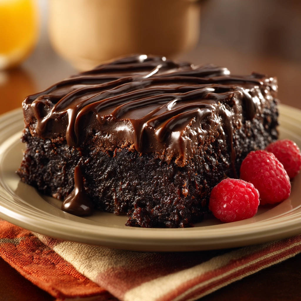 Ultimate chocolate cake served on a plate with fresh raspberries and drizzled chocolate glaze.