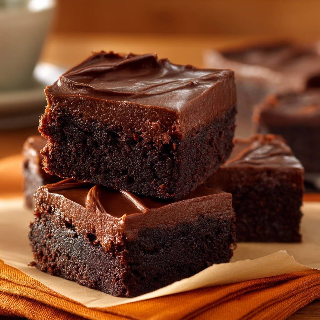Ultimate chocolate fudge brownies recipe shown stacked and in close-up view with rich chocolate frosting.