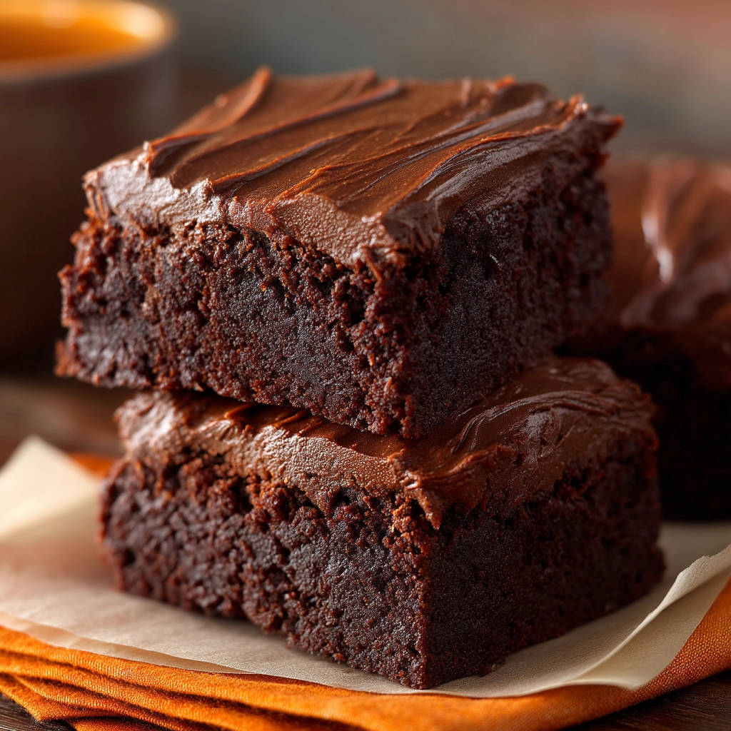 Ultimate chocolate fudge brownies stacked and viewed from a close-up angle, showcasing their rich texture and frosting.