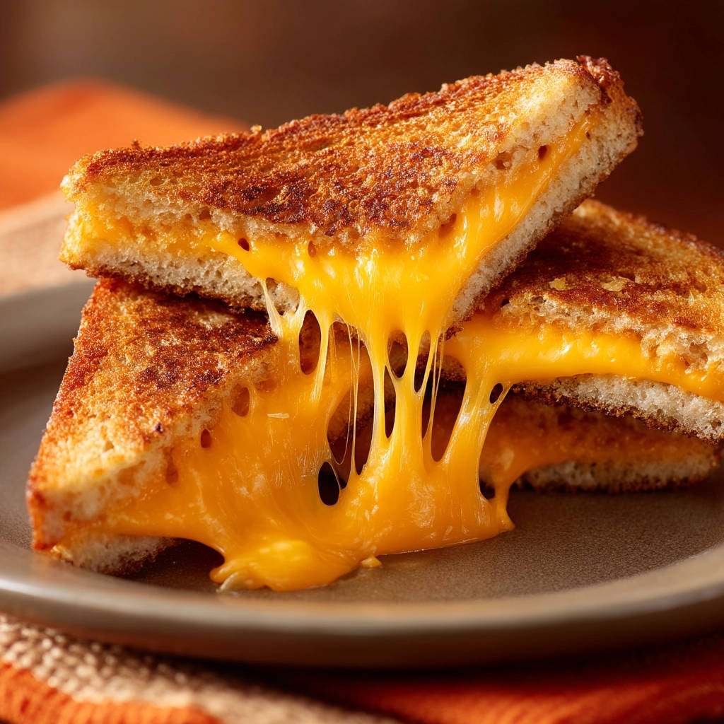 Ultimate grilled cheese showing a gooey, stretchy melted cheese interior on a plate.