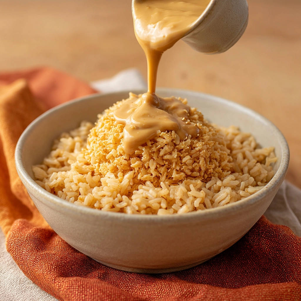 Ultimate Peanut Sauce Rice Bowl with creamy sauce being poured over a mound of rice and crispy topping.