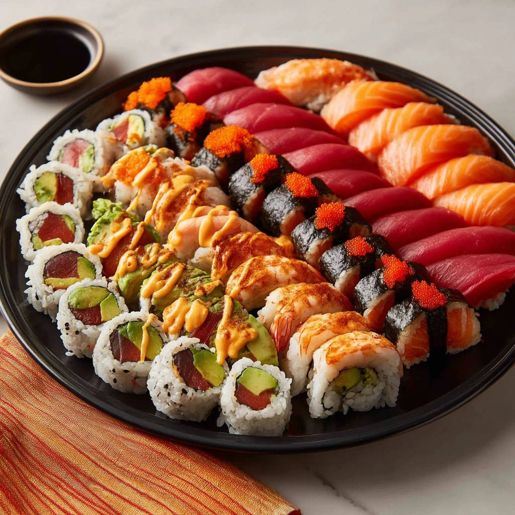 Ultimate Sushi Platter arranged artfully on a black plate, showcasing a variety of nigiri and maki rolls.