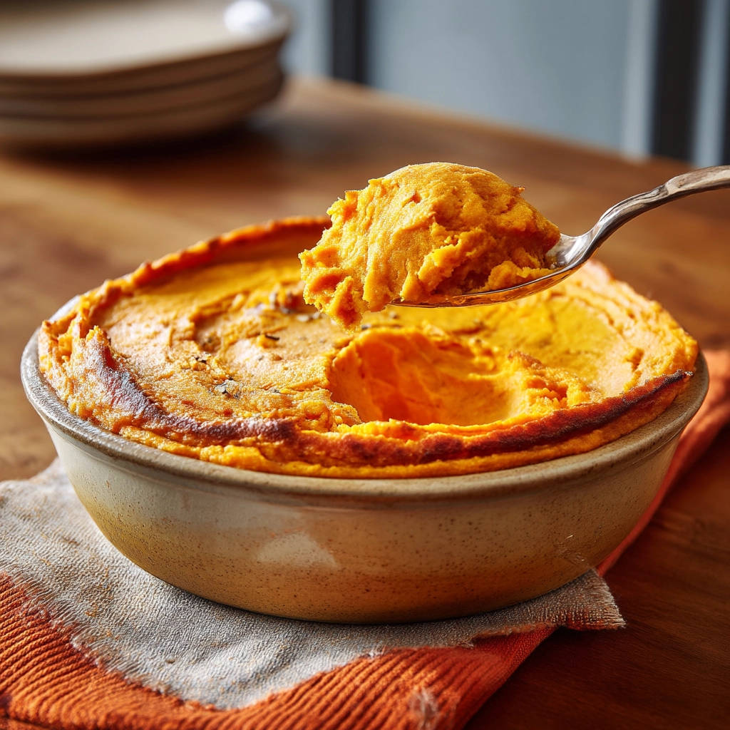 Velvety mashed sweet potatoes with a spoonful lifted, showing a creamy texture.