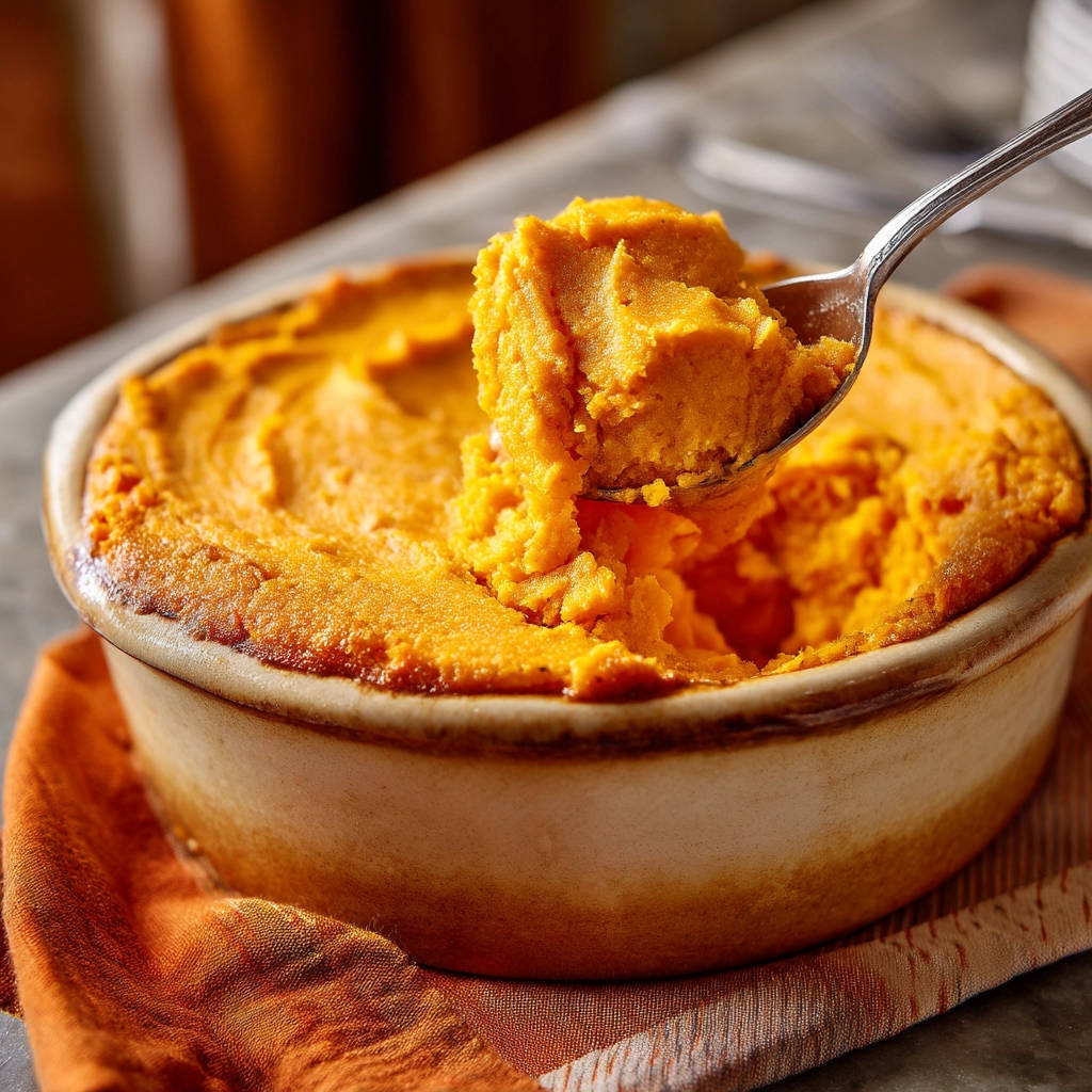 Velvety mashed sweet potatoes being scooped from a rustic dish with a spoon, showcasing a fluffy texture.