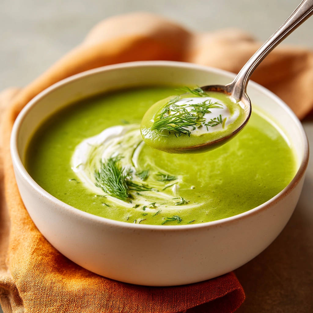Vibrant green pea soup with a spoonful being lifted, showing creamy garnish and fresh dill.