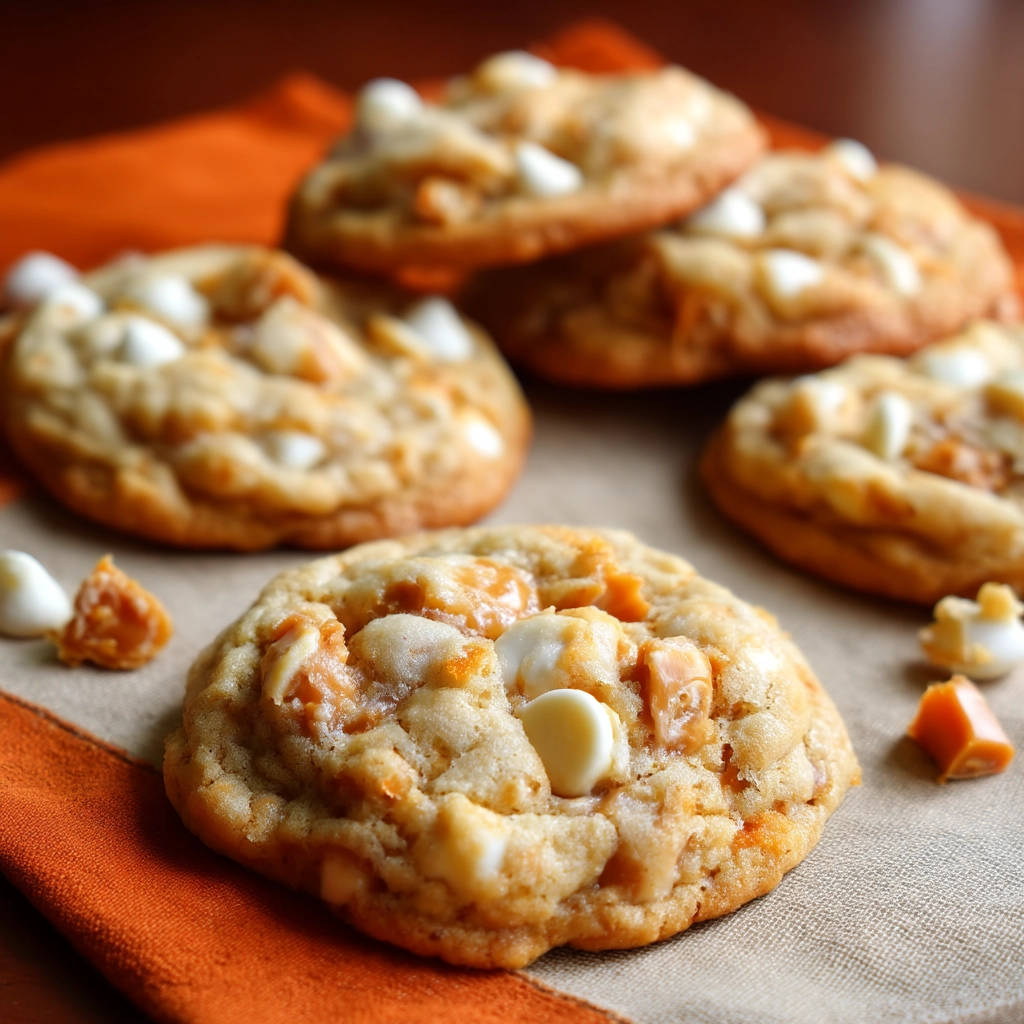 White chocolate and caramel cookies with a detailed close-up showing their chewy texture and generous mix-ins.
