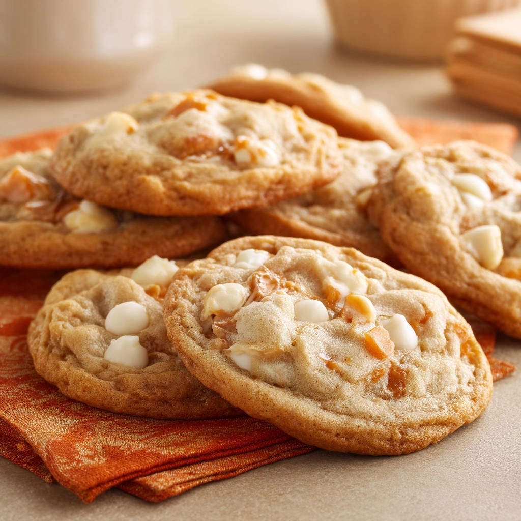White chocolate and caramel cookies shown in a close-up view highlighting their soft texture and chewy caramel pieces.