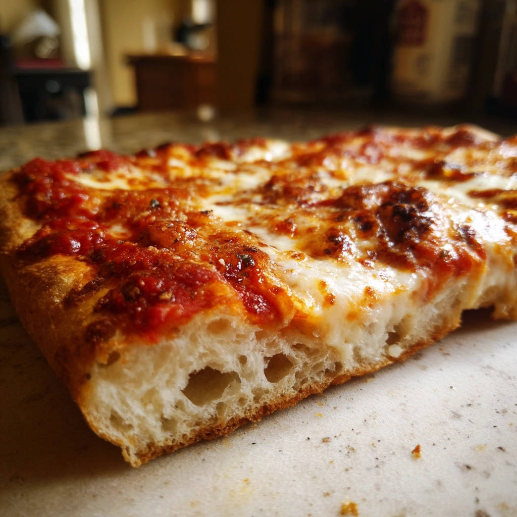 Airy crust homemade pizza showing a close-up cross-section of the airy interior and cheesy toppings.