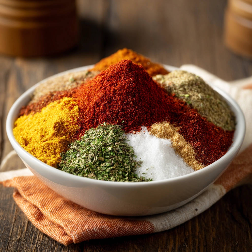 All-purpose spice blend arranged in colorful mounds in a white bowl, showcasing a close-up view of the textured spices.