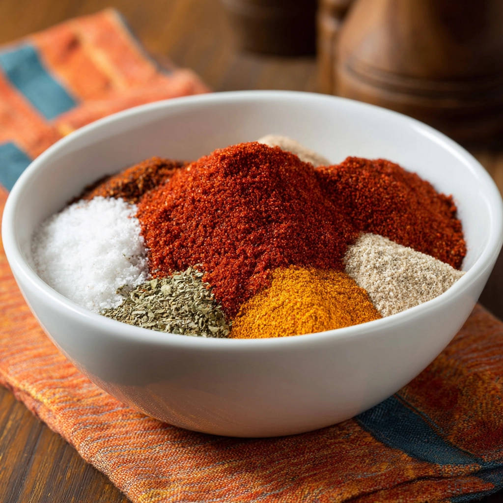 All-purpose spice blend in a white bowl, featuring a colorful mix of red, yellow, and white spices piled high.