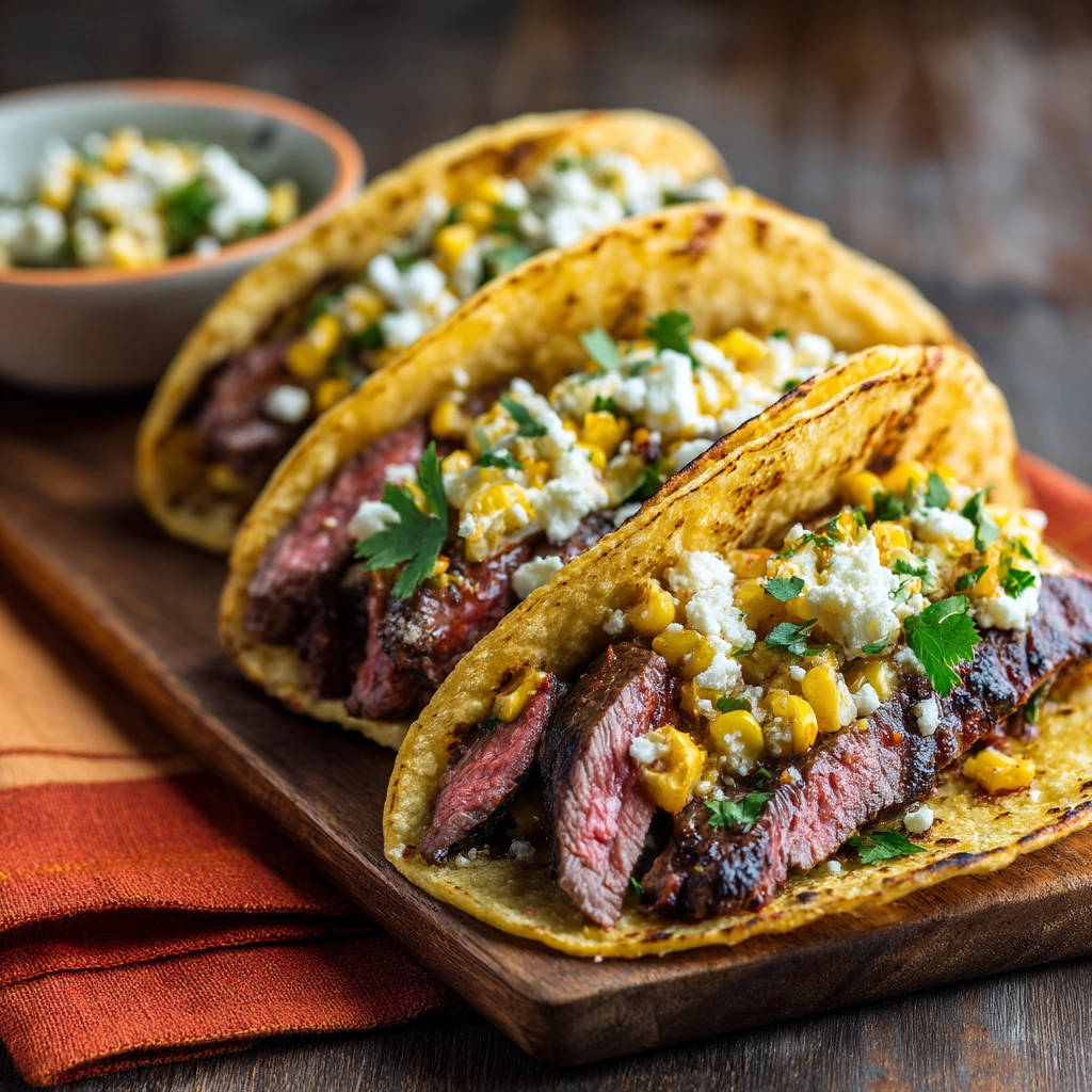 Amazing tender steak tacos topped with corn and crumbled queso fresco, presented on a wooden board.