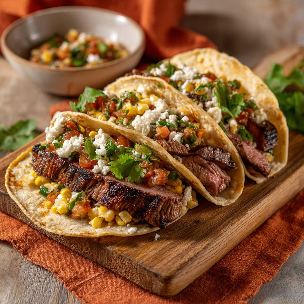 Amazing tender steak tacos showcasing a generous filling of grilled steak, corn, salsa, and crumbled cheese.