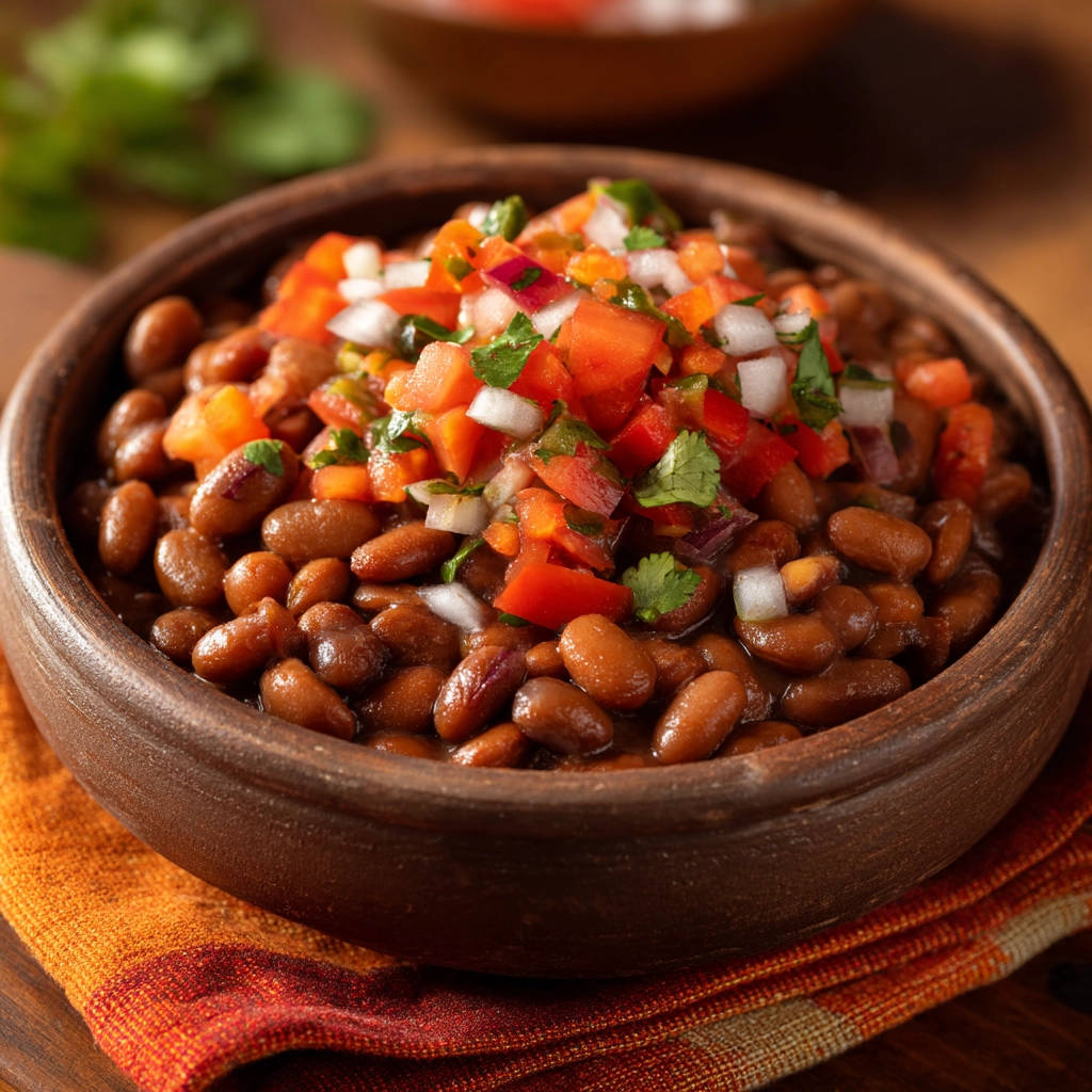 Anytime beans garnished with pico de gallo in a rustic brown bowl, showcasing a vibrant topping.