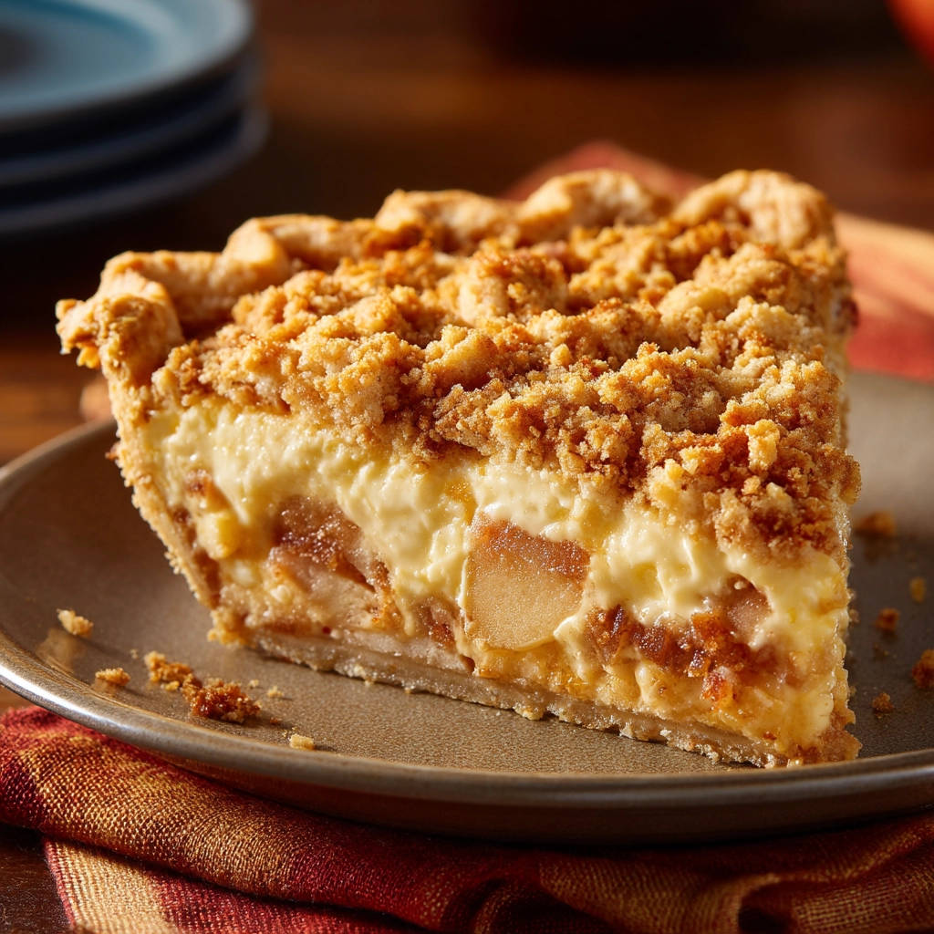 Apple crumble cream pie cross-section showing layers of filling and crumble topping on a plate.