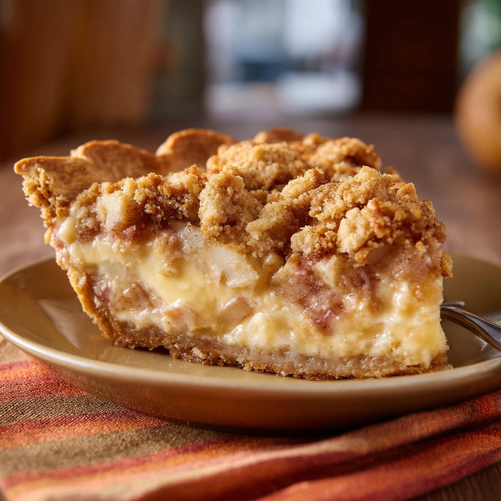 Apple crumble cream pie slice showing a golden crust filled with creamy custard and apple pieces.